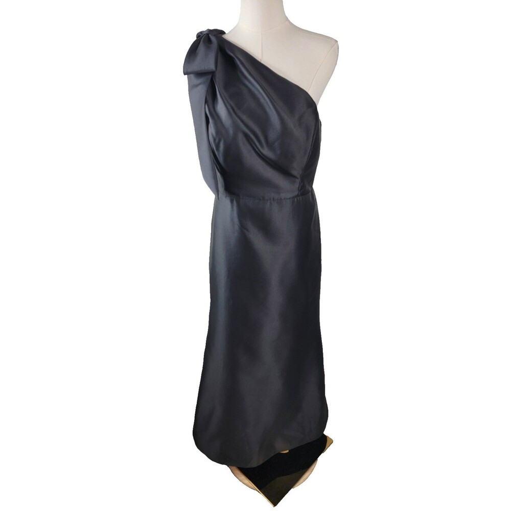 Alfred Sung Black One Shoulder Satin Formal Gown w/ Bow Mermaid Dress Sateen 16R
